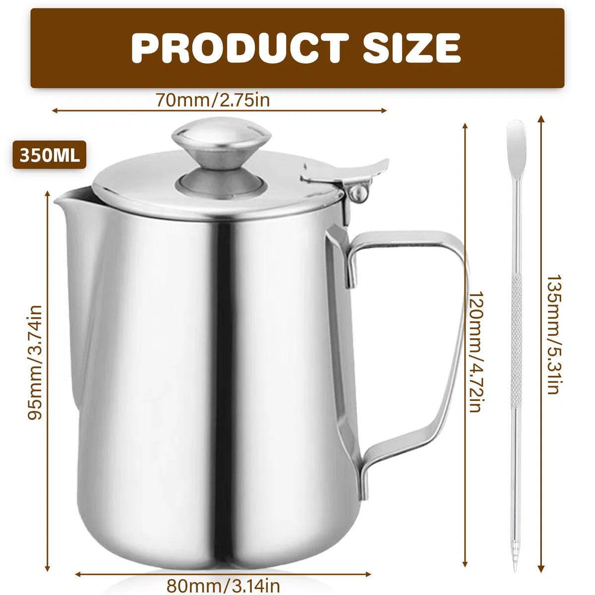Brocca per latte con coperchio, 350 ml, in acciaio inox, per latte, caffè, caffè, cappuccino (2P)