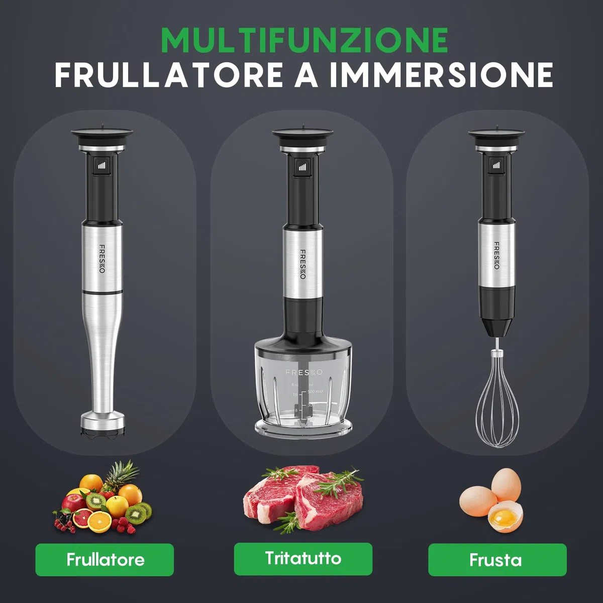 FRESKO Frullatore a Immersione, 1000W Frullatore in Acciaio Inox con Protezione per Pentole, 5 Accessori, Velocità Regolabile, Frullatore Manuale per Alimenti per Bambini, Zuppe, Smoothies