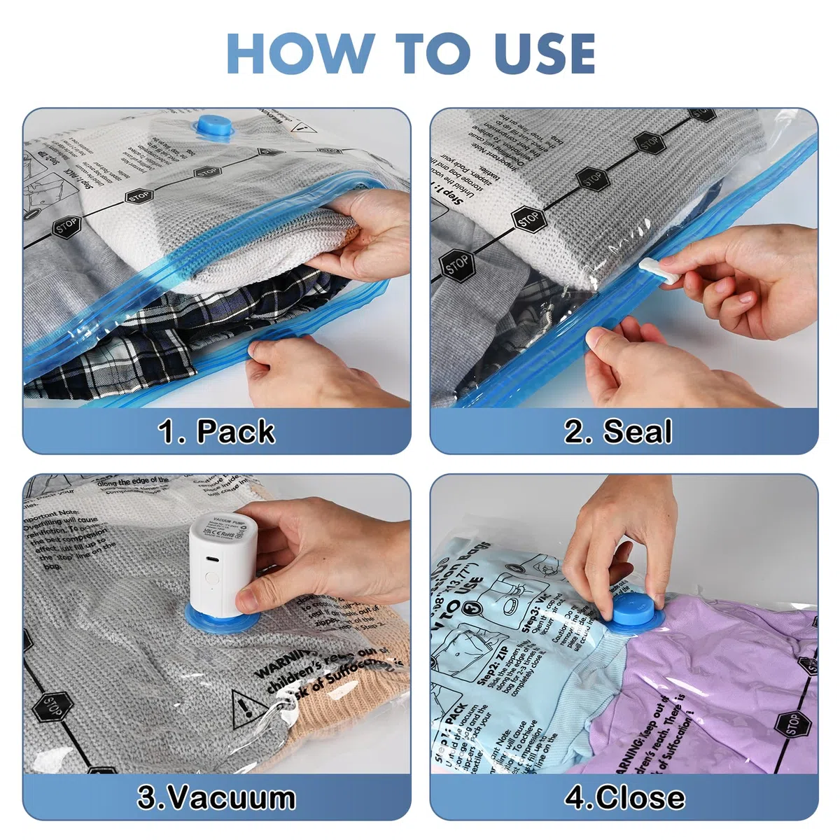 BoxLegend Sacchetti Sottovuoto Vestiti per Viaggi con Pompa Elettrica-6 Pezzi 2S + 2XS + 2XXXS Buste Sottovuoto Sacchetti Salvaspazio Aspirapolvere Viaggi Deposito Domestico per Copertine, Cuscini