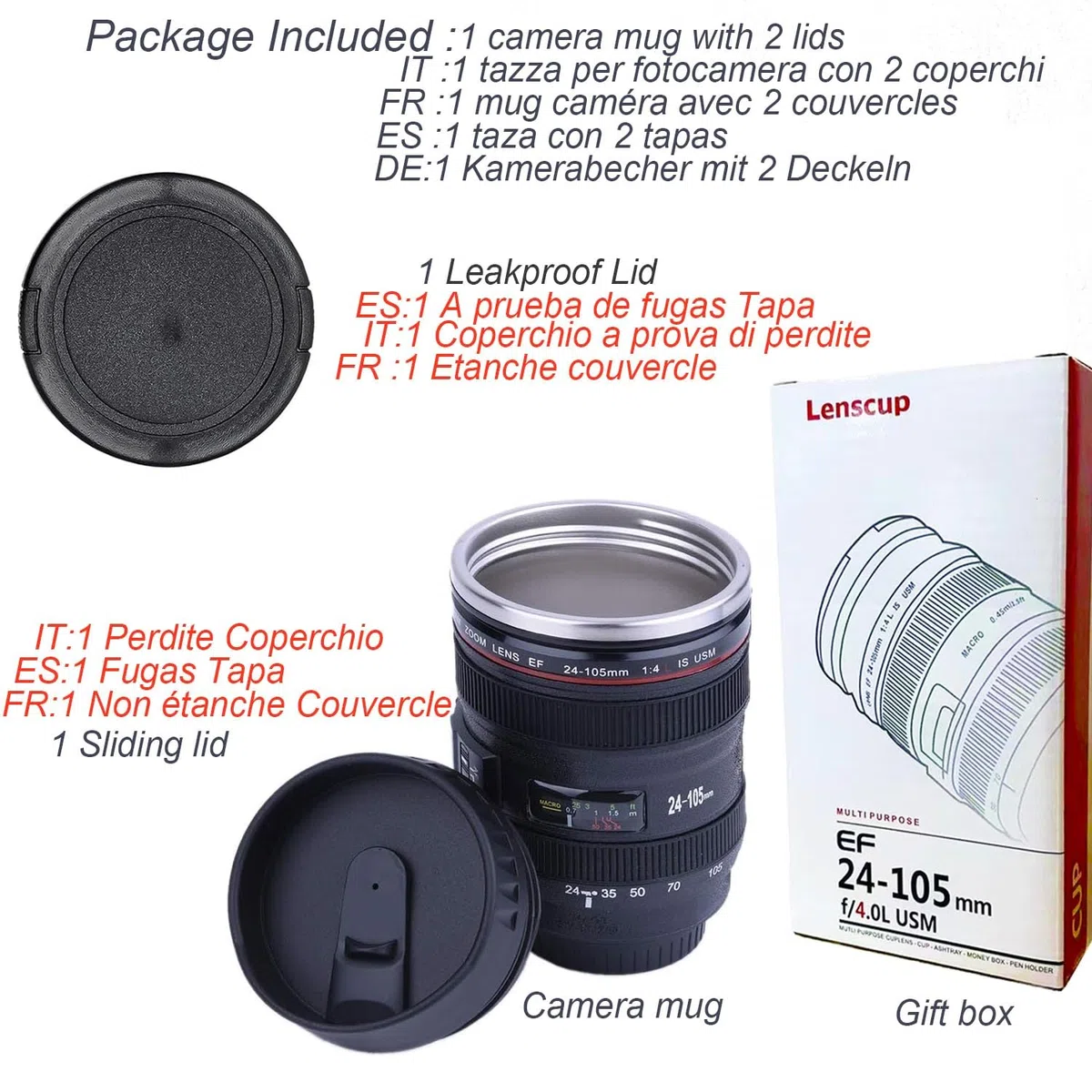 SLOSH Tazza Viaggio Caffè Obiettivo Camera Lens Con 2 Coperchi Tazza Auto Ufficio Acciaio Inox Tumbler Travel Mug Tazze Macchina Fotografica fotografico Cup (GE-II-V)