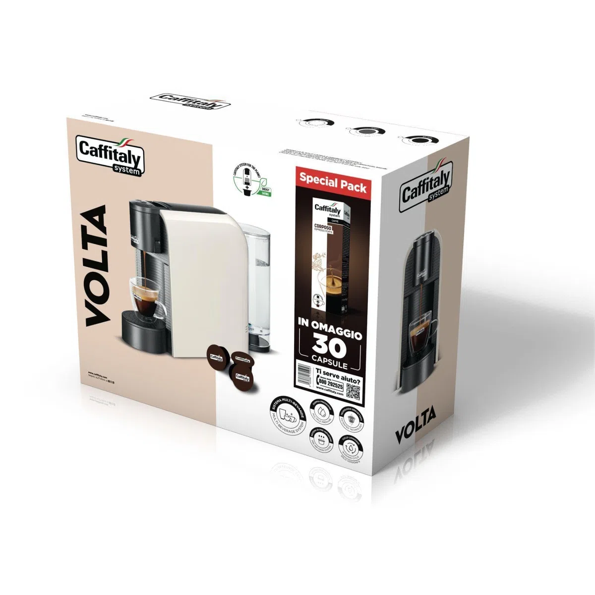 Caffitaly, Macchina da Caffè Volta Bianca, 30 Capsule di Caffè Corposo Incluse, per Macchine Originali, Ideale per Preparare Caffè e Bevande Calde