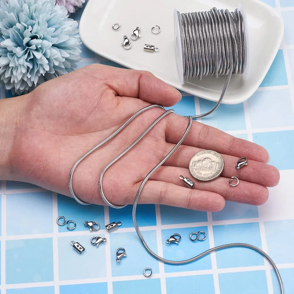 Craftdady 5M Catena in Acciaio Inox Rotonda a Serpente con Anello a Molla Moschettone e Gemme per Catene Fai Da Te Kit per Realizzare Collane Gioielleria per Uomini Donne