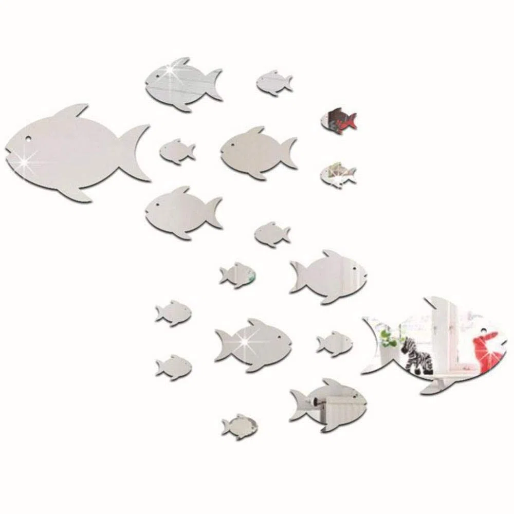 Fdit Adesivi Murali 3D, Pesce Tropicale Effetto Specchio Adesivi Murali, Adesivi Murali Removibile DIY per Decorare Bagno, Camera da Letto, Soggiorno e Baby Room, Argento