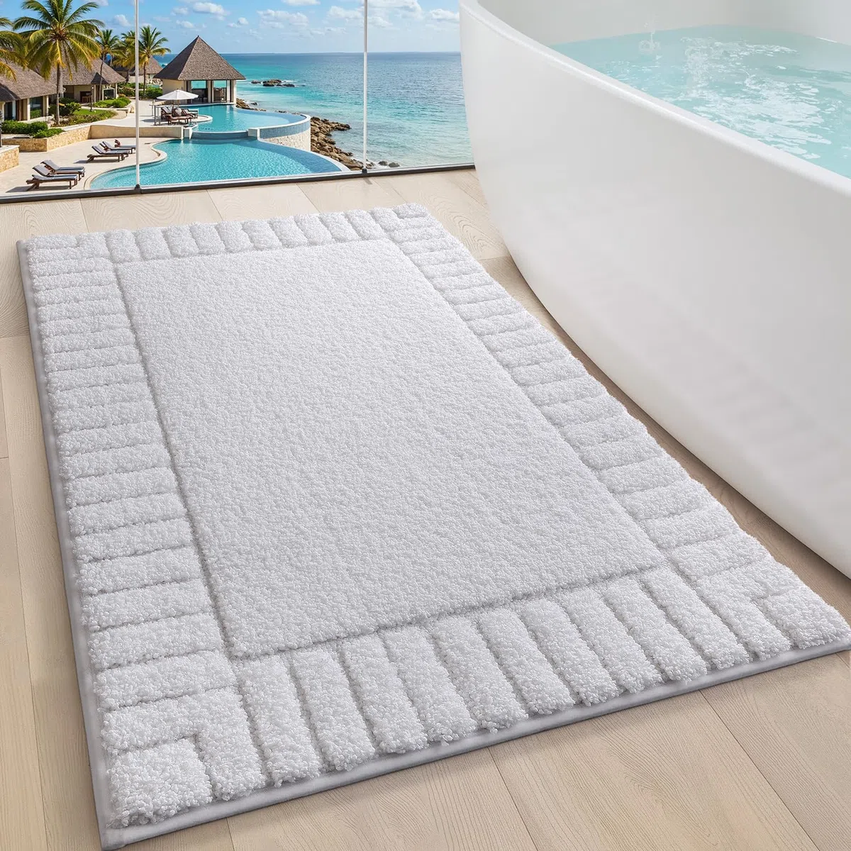 LUMI Tappetino Bagno Morbido Antiscivolo, Tappeto Bagno in Microfibra Super Assorbente, Lavabile in Lavatrice, Asciugatura Rapida, Tappeto Doccia Soffice per Vasca e Bagno, Bianco, 60x110 cm