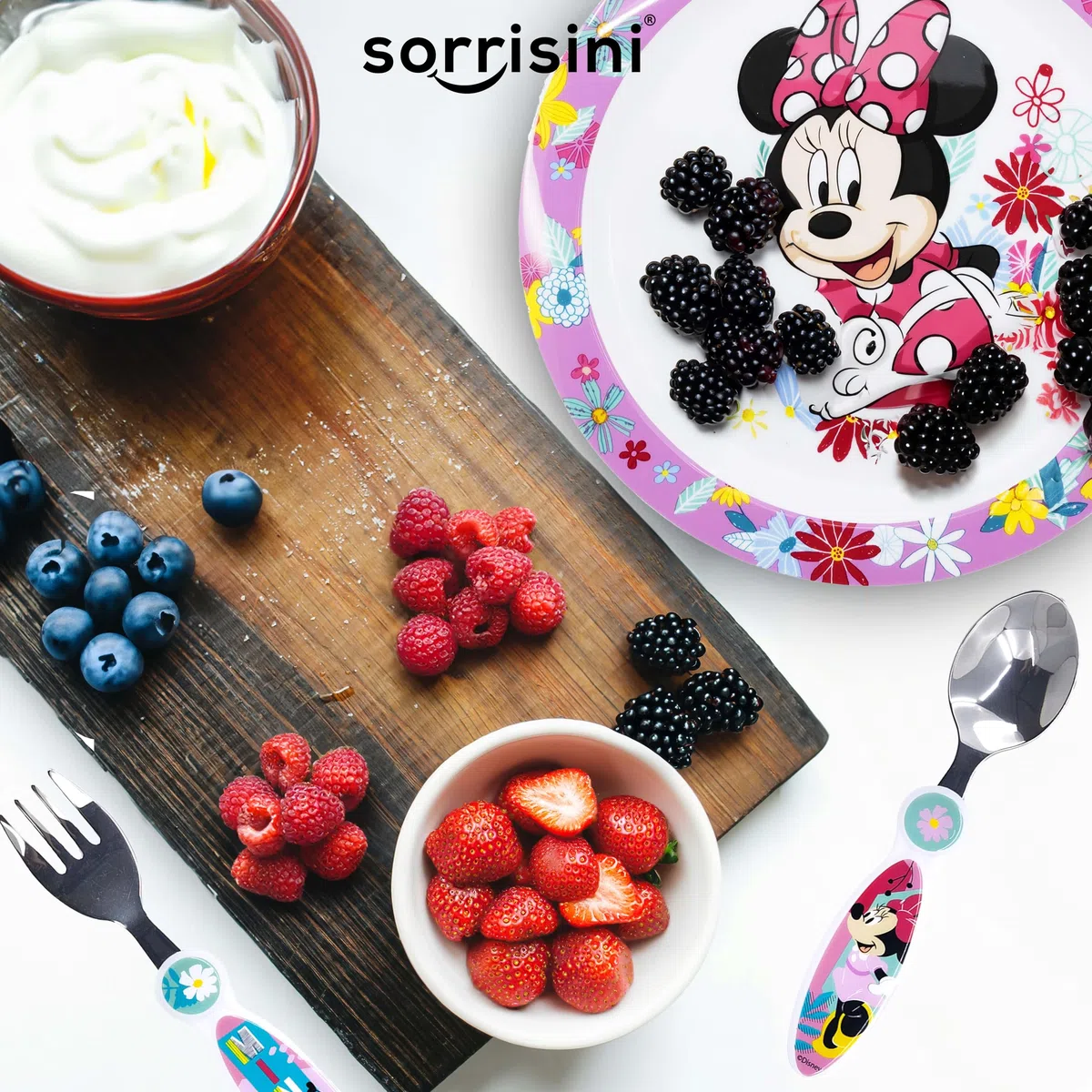 Set Stoviglie bambini, Piatti riutilizzabili per asilo, scoula, piatto, posate in acciaio inox, Set piatti in plastica dura andata per microonde, Minnie