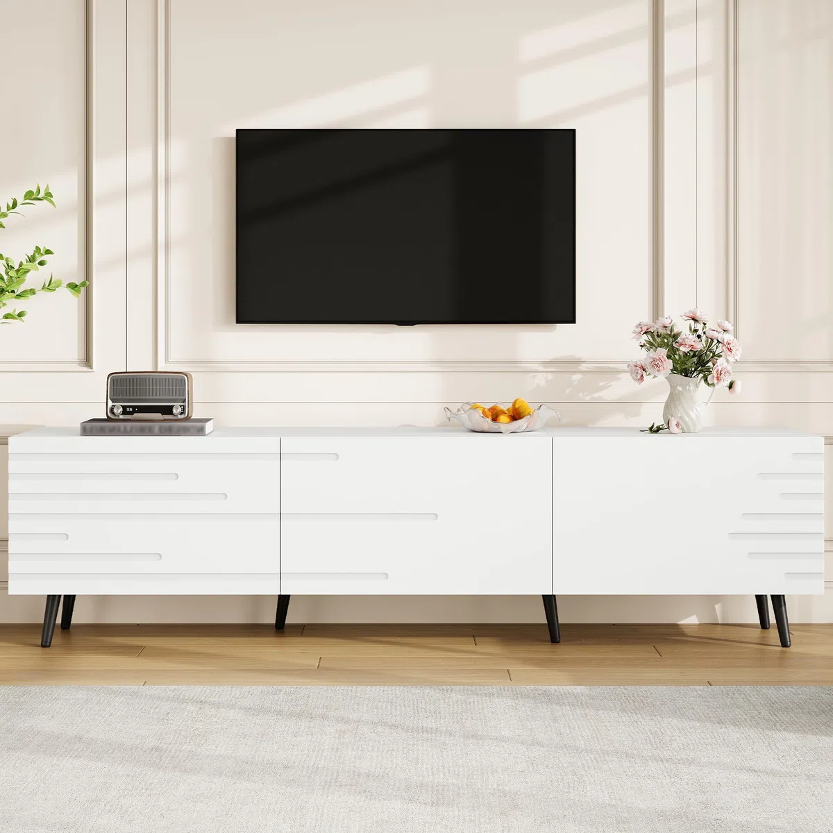 Mobile TV grande 180 x 40 x 48 cm, con 3 ante a battente, design stampato, bianco, adatto per televisori da 80", grande capienza, materiale MDF.