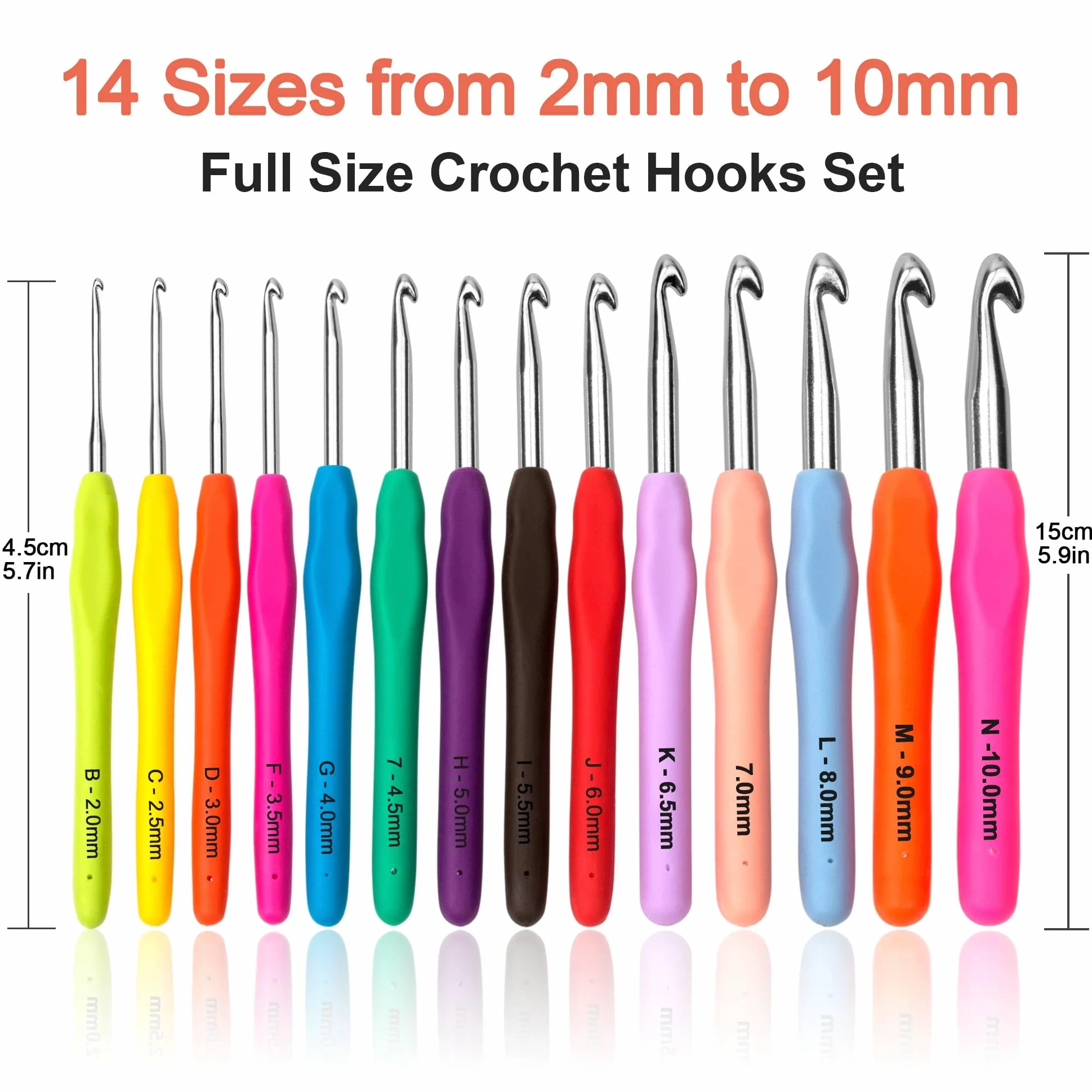 Totofy Uncinetti Set, 14 pz Ferri Uncinetto Ergonomici Manico Morbido Aghi di Crochet con Custodia, 2mm-10mm Extra Lunghe Knit Needles