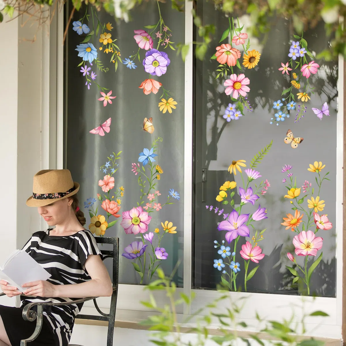 Tanlaby Fiori Colorati Adesivi per Finestre Estate Primavera Piante Vetrofanie Adesivi Fiore Erba Farfalla Decalcomanie per Finestre Anti-Collisione Finestra Vetro Porte Decalcomanie