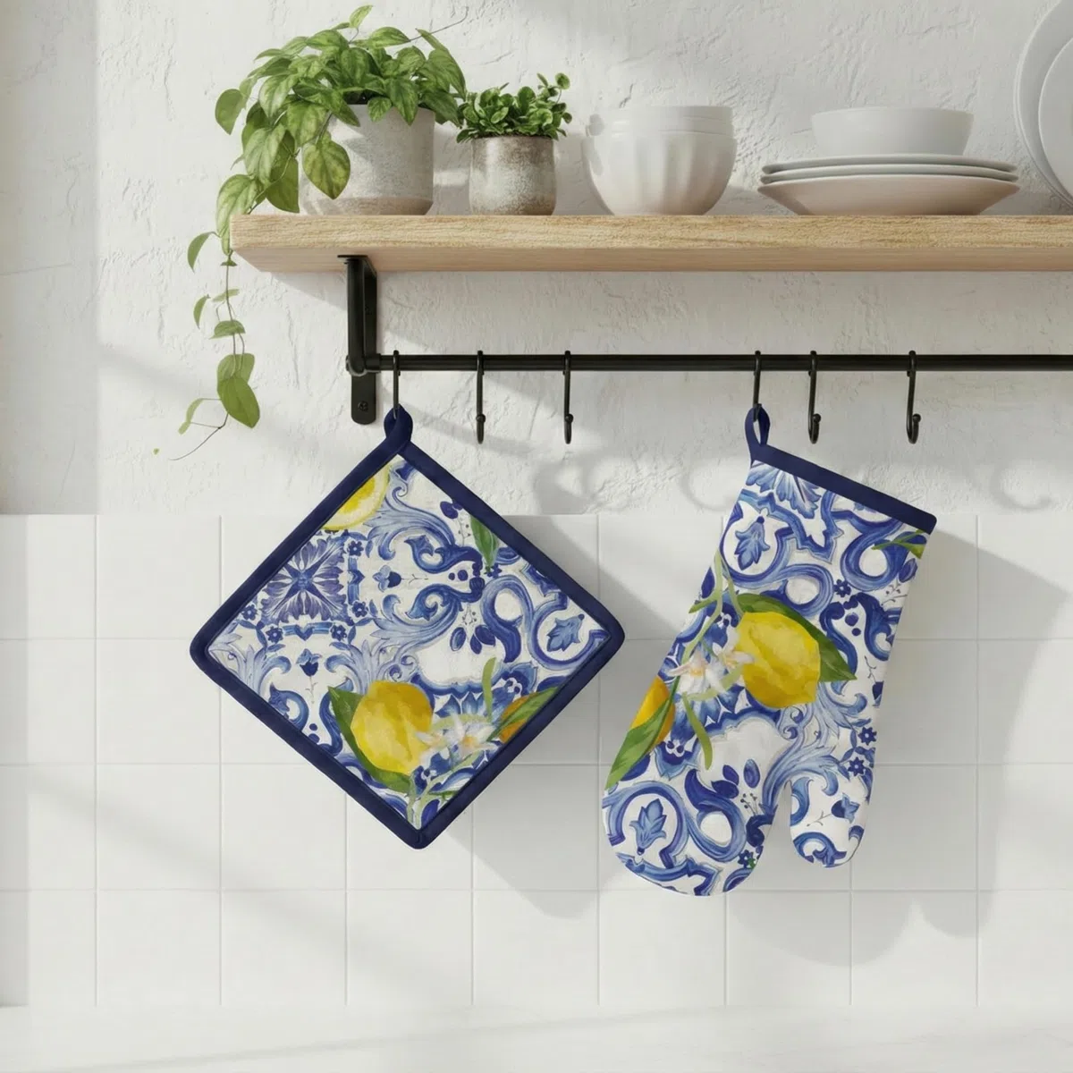 Set Presine da Cucina e Guanto da Forno in Cotone, Guanti da Cucina più 2 Presine con Fantasia Decorativa, Guanto forno 32x18 cm, Presina 20x20 cm