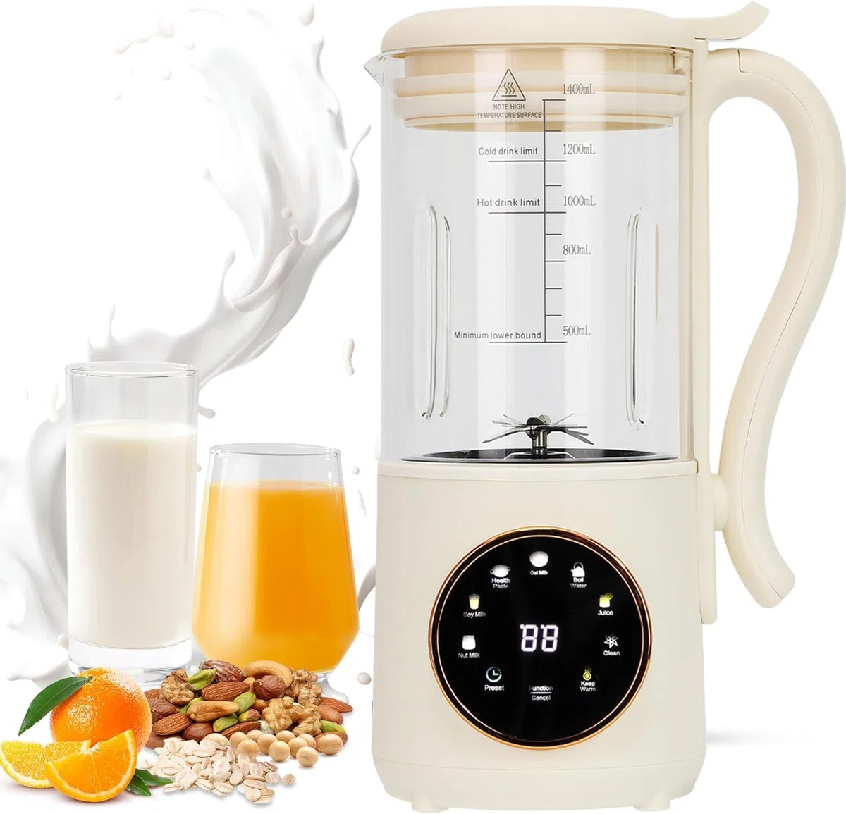 Macchina per latte di soia automatica 9 in 1, 1400 ml, con autopulente, 16 lame per latte di mandorle, latte d'avena, latte vegetale, succo con timer di ritardo 24 ore, acqua bollente e mantenimento