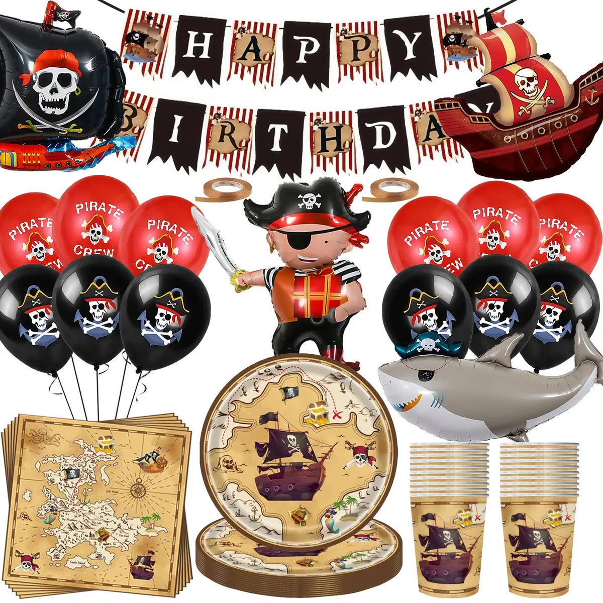 Set di decorazioni di compleanno pirati, set di 80 pezzi per feste con grande nave pirata e accessori, piatti di carta e tovaglioli in rame, striscione e palloncini