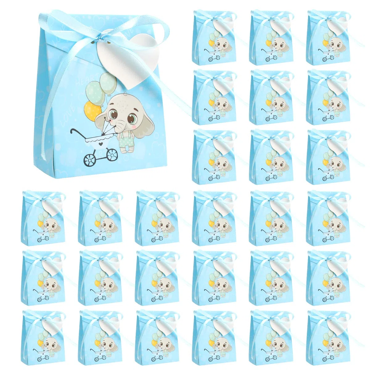 50 Pezzi Scatoline Bomboniere Battesimo, Elefante Blu Portaconfetti Nascita Bambino, Carta Regalo Decorazione Confetti con L'amore Bigliettini e Nastro per Festa Battesimo Compleanno Matrimonio