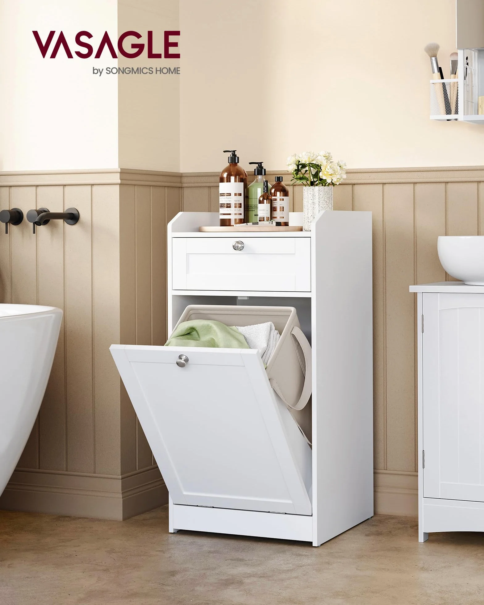 VASAGLE Mobile Portabiancheria per Bagno, Mobiletto Bagno con 1 Cassetto e 1 Cesto Portabiancheria, Sacco Interno Rimovibile con Maniglie, 40 x 40 x 80,2 cm, Bianco Nuvola BBC741W01