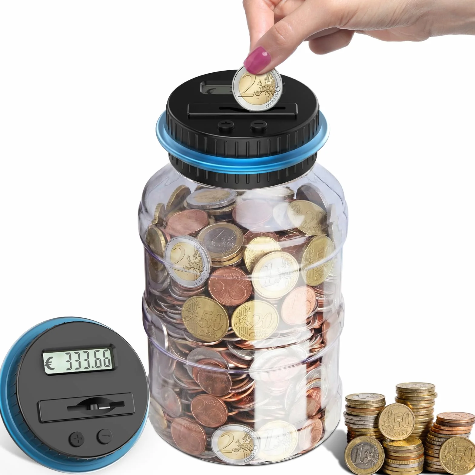 Pup Go Salvadanaio Elettronico Digitale Trasparente con Display LCD, Grande Capacità da 1.8L Euro Contasoldi, Contamonete Apribile per Bambini e Ragazze, Gigante Contatore Monete Automatico per Adulti