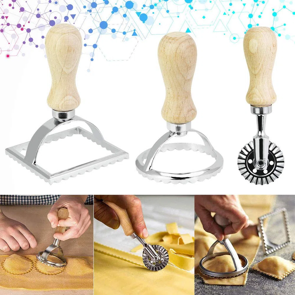 3 Pezzi Timbri per Ravioli in Acciaio Inox Taglierine Stampi per Biscotti con Manico in Legno Ravioli Maker a Bordi Scanalati per Ravioli Pasta Gnocchi Lasagna e Biscotti(3 Misure)
