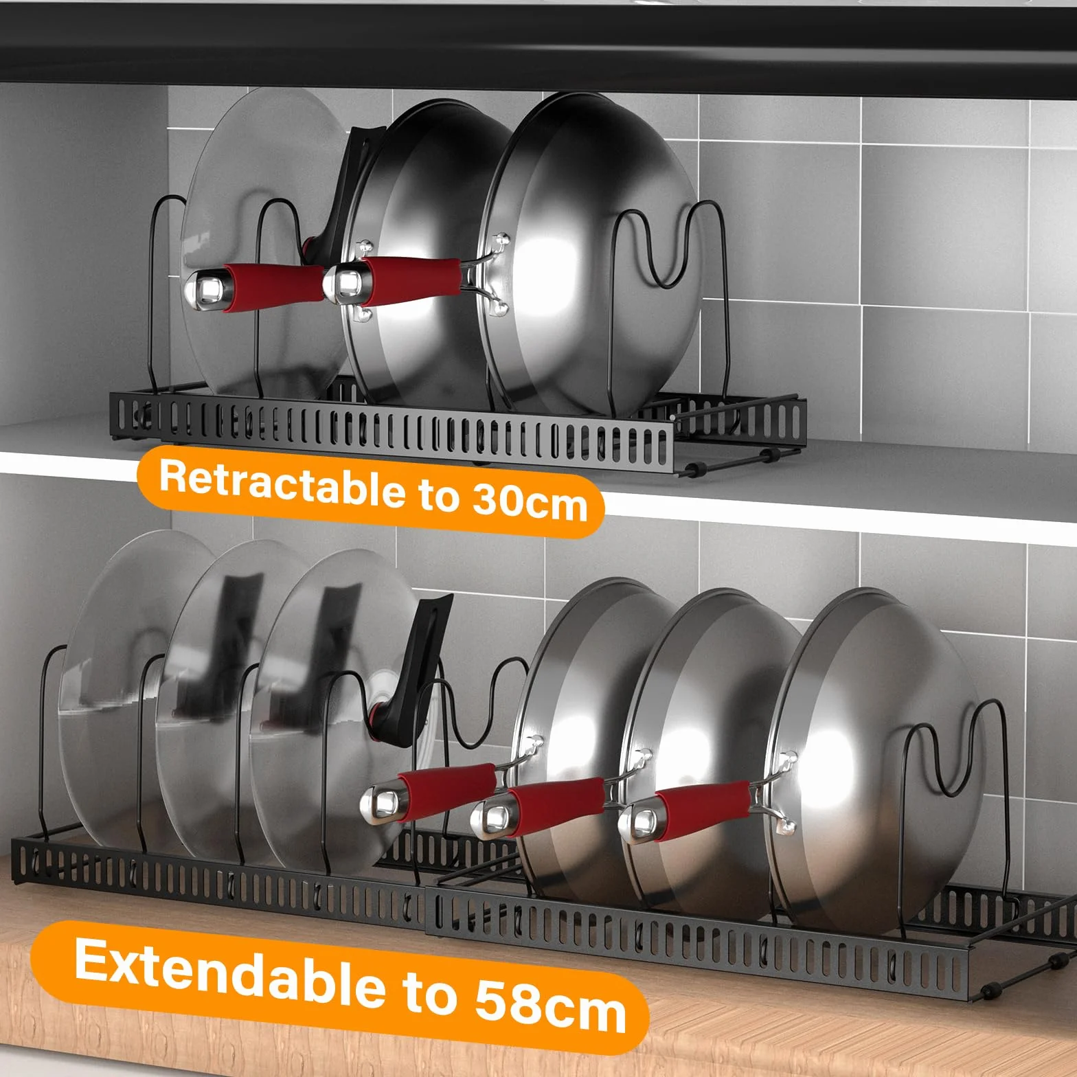 Zanfqvo Porta Coperchi Pentole, Organizer Padelle con 10 Scomparti Regolabili, Porta Padelle Salvaspazio, Portacoperchi Allungabile, Contenitore da Cucina per padelle, coperchi e Piatti