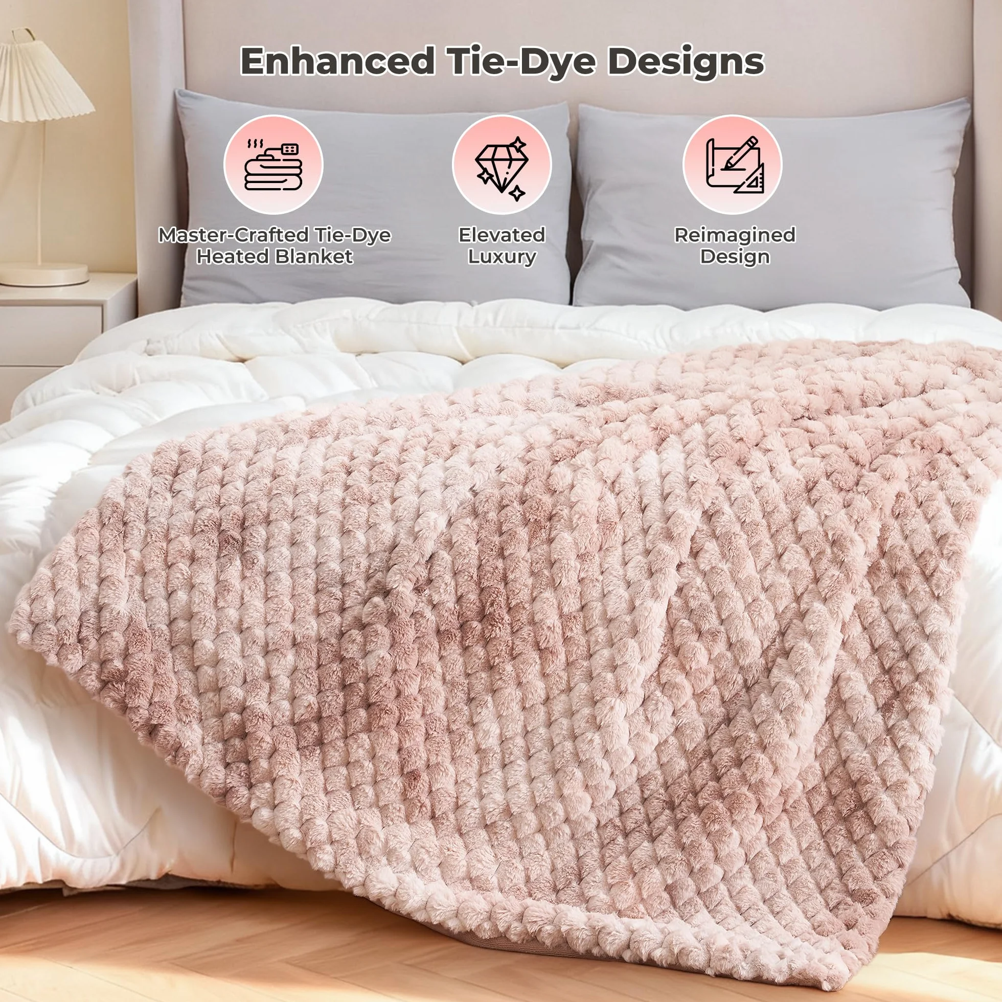 CURECURE Coperta Elettrica Riscaldante 130x180 cm, Jacquard 3D a Petalo in Peluche di Coniglio & Flanella, 6 Livelli di Calore & Spegnimento Automatico 1-10H, Lavabile per Letto/Divano/Ufficio (Rosa)