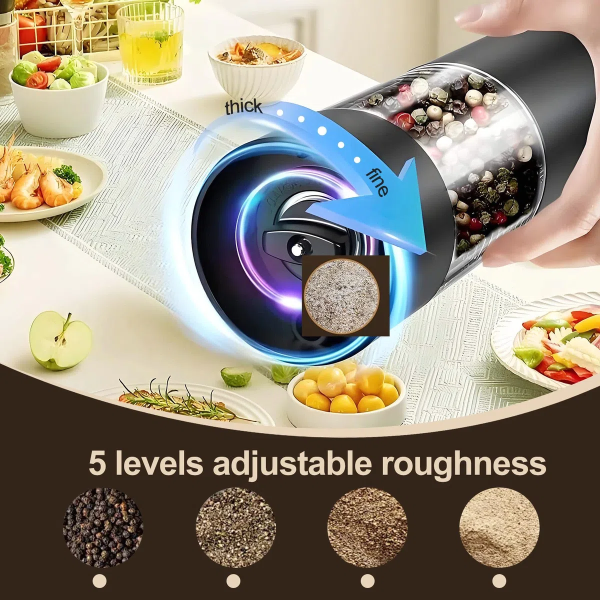 Set di 2 macina sale e pepe, macinapepe ricaricabile, contenitore trasparente da 95 ml, grande capacità, macinapepe e macina regolabile, base, luce LED (nero)