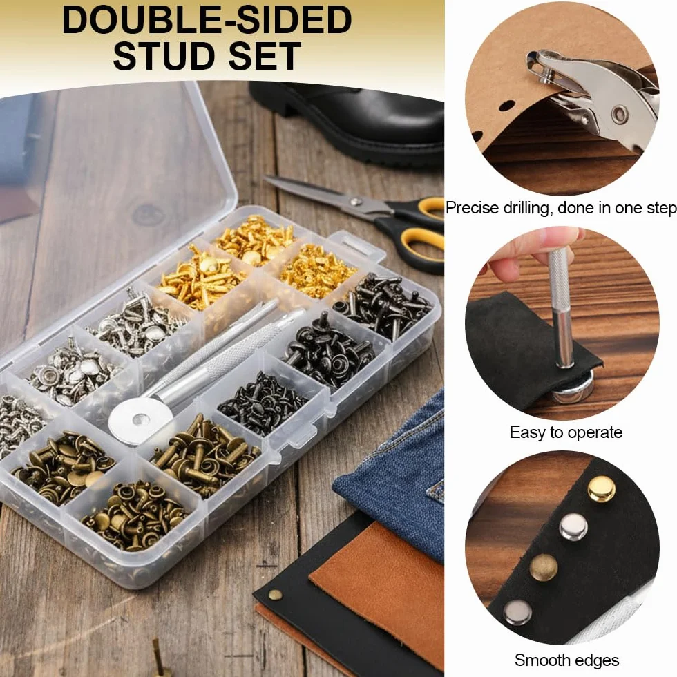 Rivetti per Pelle 12 MM/8 MM/6 MM, Borchie Metallo per Tessuti con Punch Pinze, Ribattini per Cuoio Doppia Testa - 4 Colori