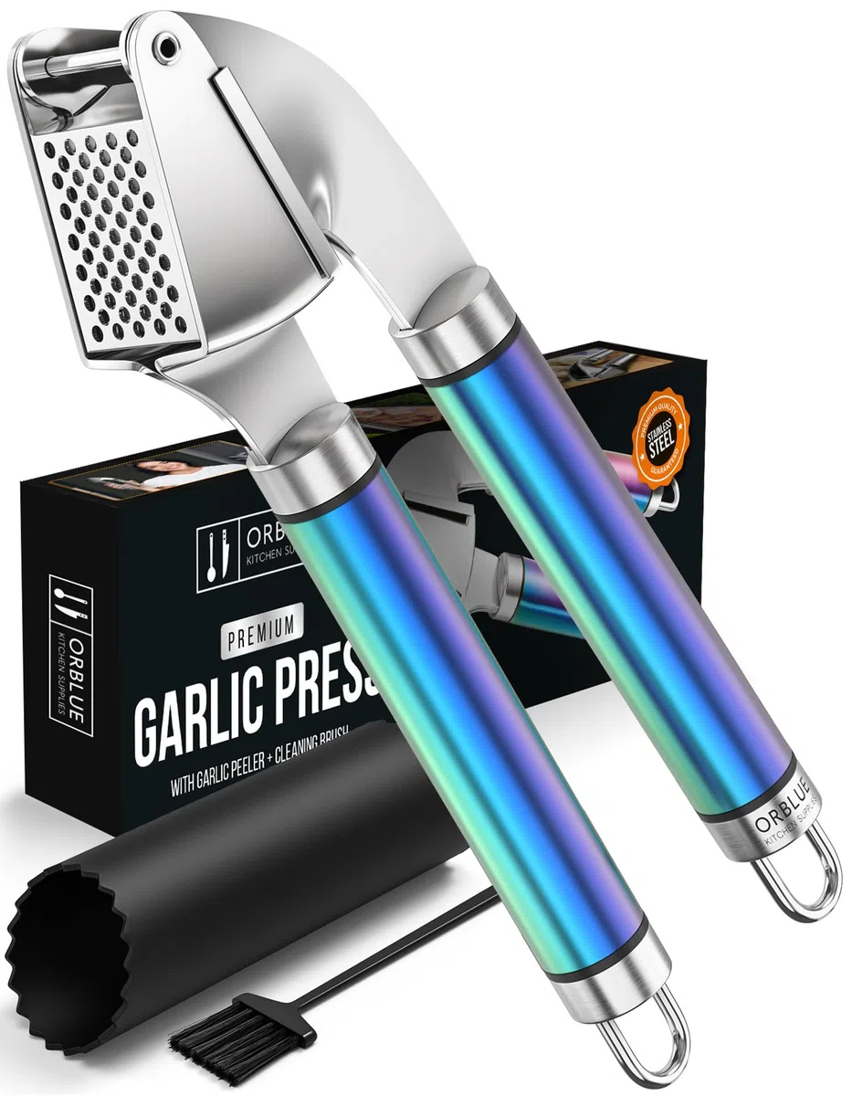 ORBLUE Spremi Aglio Professionale in Acciaio Inox - Trita Aglio Heavy Duty - Schiaccia Aglio di Qualità Ristorante - Spremiaglio con Maniglie Colorate