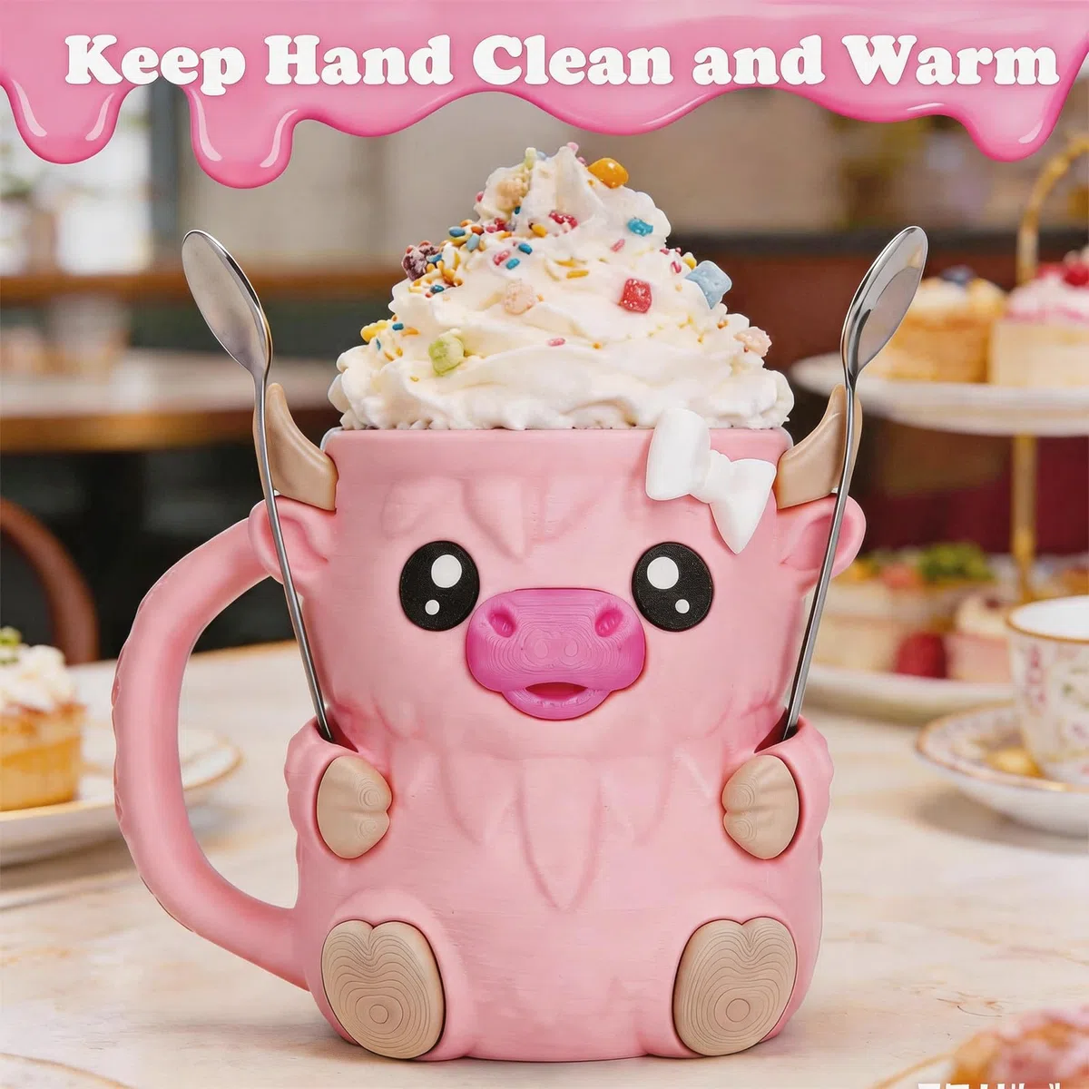Porta gelato, con manico, a forma di mucca delle Highland, con manico, a prova di perdite, per amanti delle mucche delle Highland (rosa)