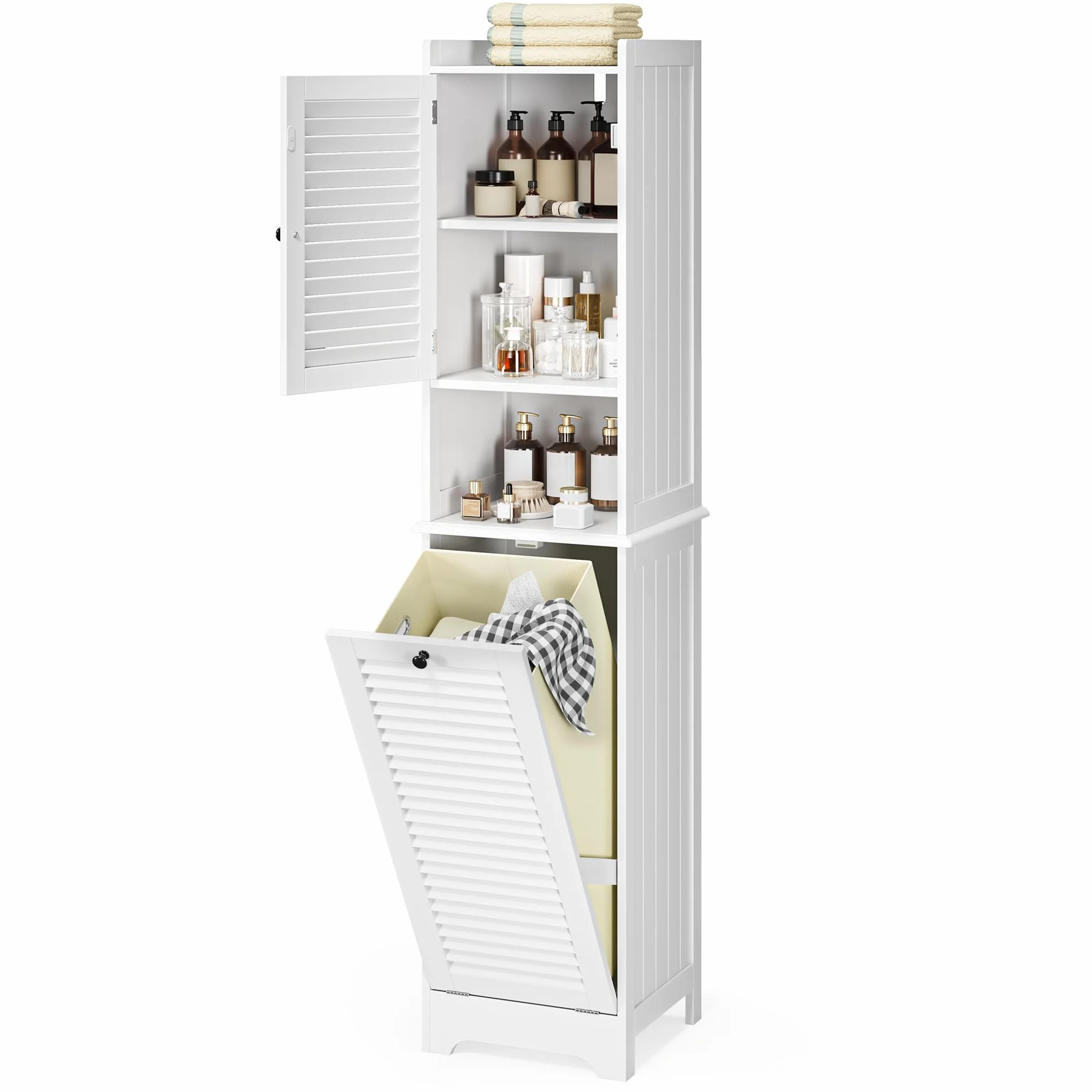 Xbro Mobile Salvaspazio Alto da Bagno con 2 Ante a Lamelle, 3 Ripiani e Cesto Portabiancheria, Multiuso per Cucina, Soggiorno e Bagno, 40x37x170 cm, Bianco