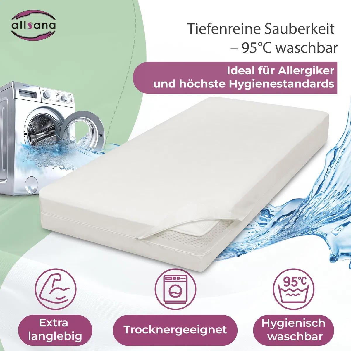 Allsana Coprimaterasso antiallergico, anti-acaro, per persone allergiche alla polvere, 160 x 200 x 20 cm