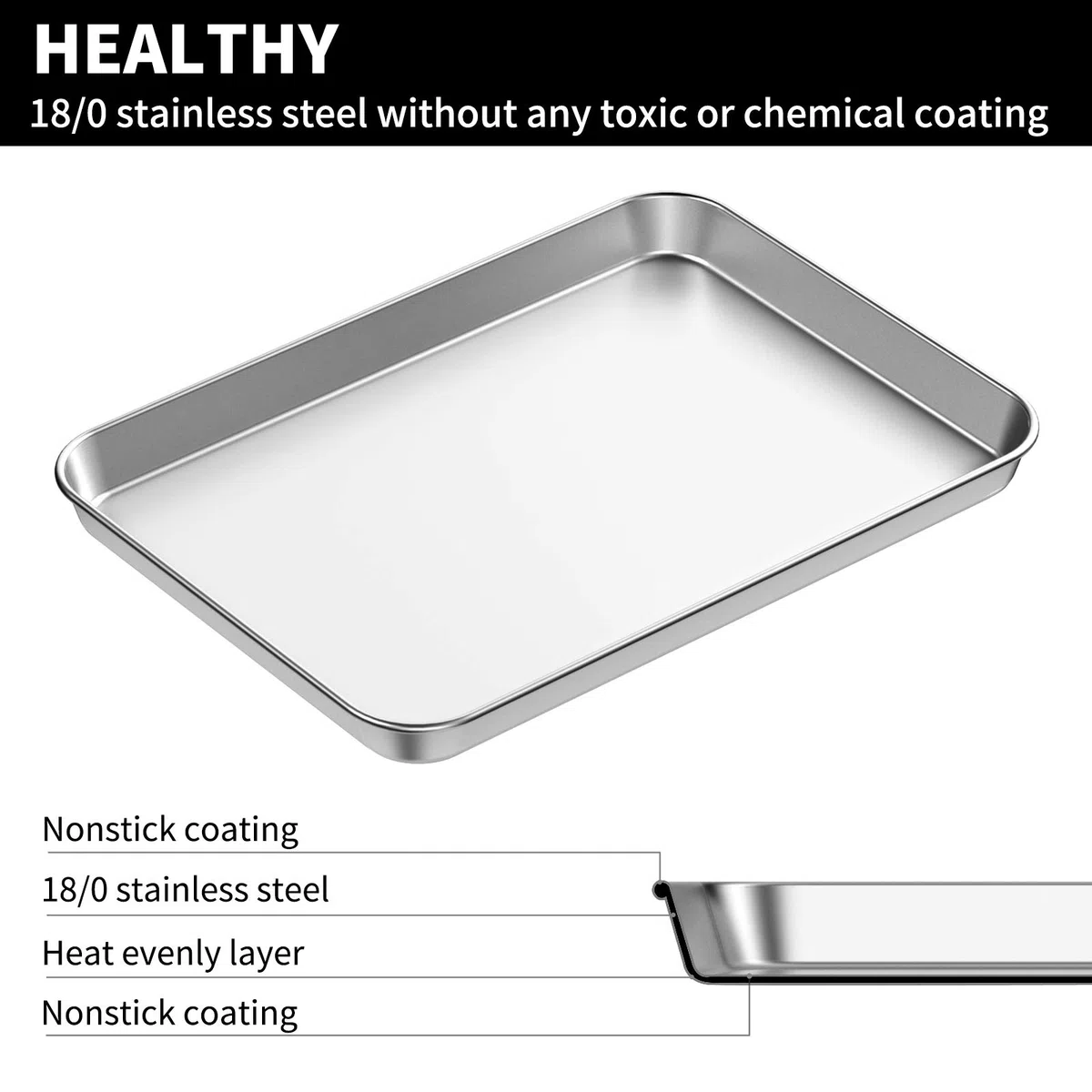 Estmoon Set di 2 teglie da forno in acciaio inox, per cuocere e arrostire, 40,5 x 30,5 x 2,5 cm, antiaderenti, antiruggine e lavabili in lavastoviglie, argento
