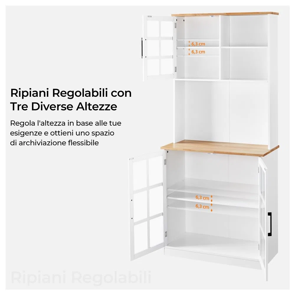 Yaheetech Credenza Cucina Alta Mobile Dispensa Buffet con Ante Ripiani Regolabili e Piano di Lavoro Aperto 80 x 37 x 183 cm per Sala da Pranzo Soggiorno Bianco