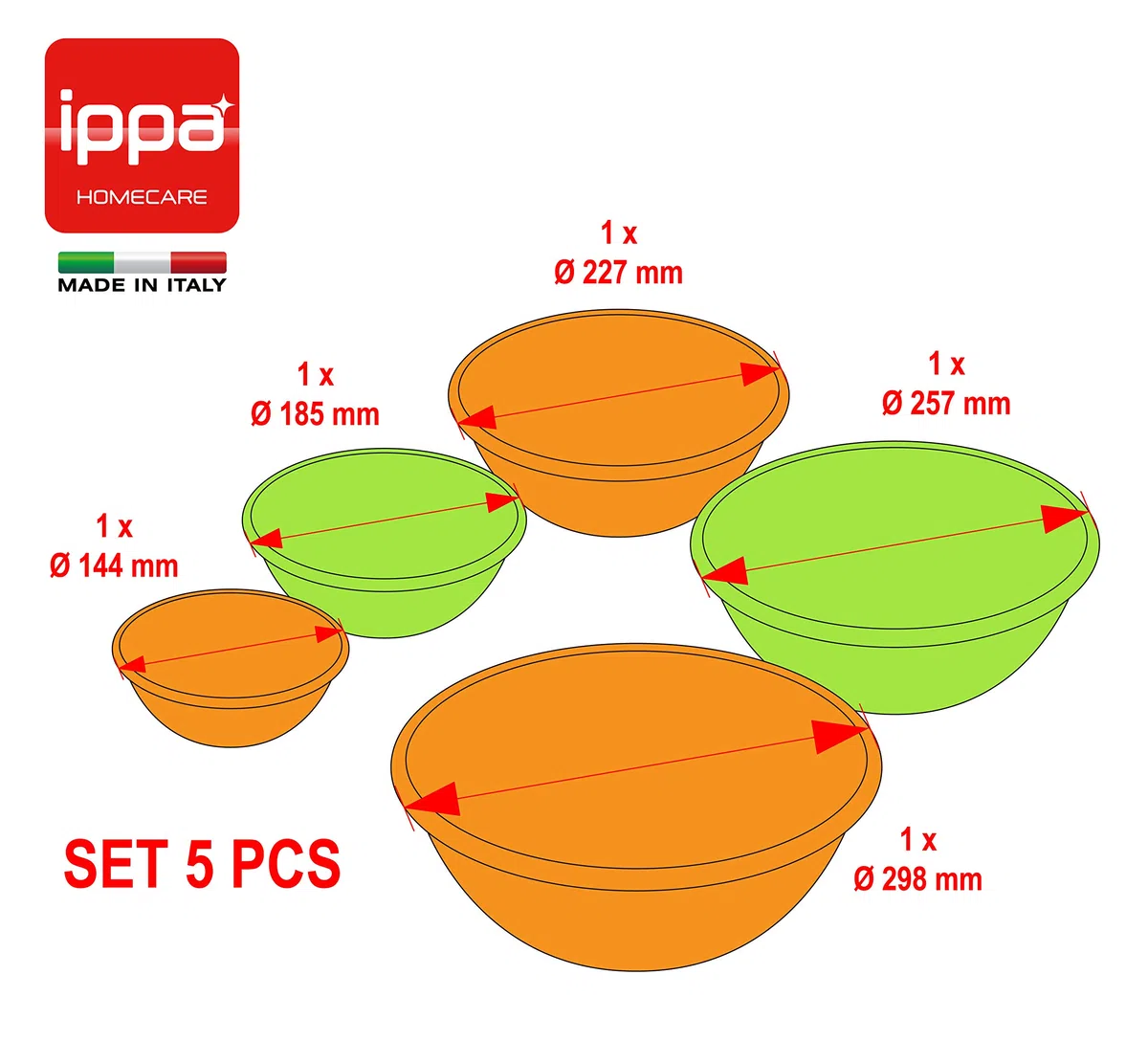 I.P.P.A. Set 5 insalatiere in polipropilene. Terrine 100% made in Italy. Perfette in cucina e in campeggio. 5 diametri: 14-18 - 23-26 - 30 cm