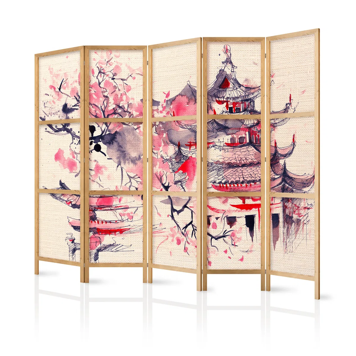 decomonkey 5 Panelli Paravento - 225 x 171cm Japan Flowers Divisorio Separè per la separazione degli ambienti la casa l'ufficio la spa