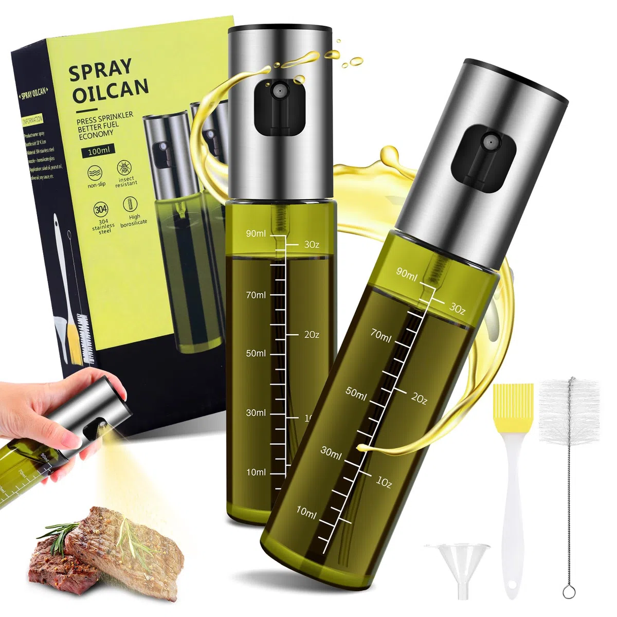 Zanfqvo Spruzzino Olio per Friggitrice Aria, 2 Pezzi Spray Olio Cucina Vetro Speciale Verde con Protezione UV, Nebulizzatore Olio per Grigliare, Insalata, Cottura al Forno