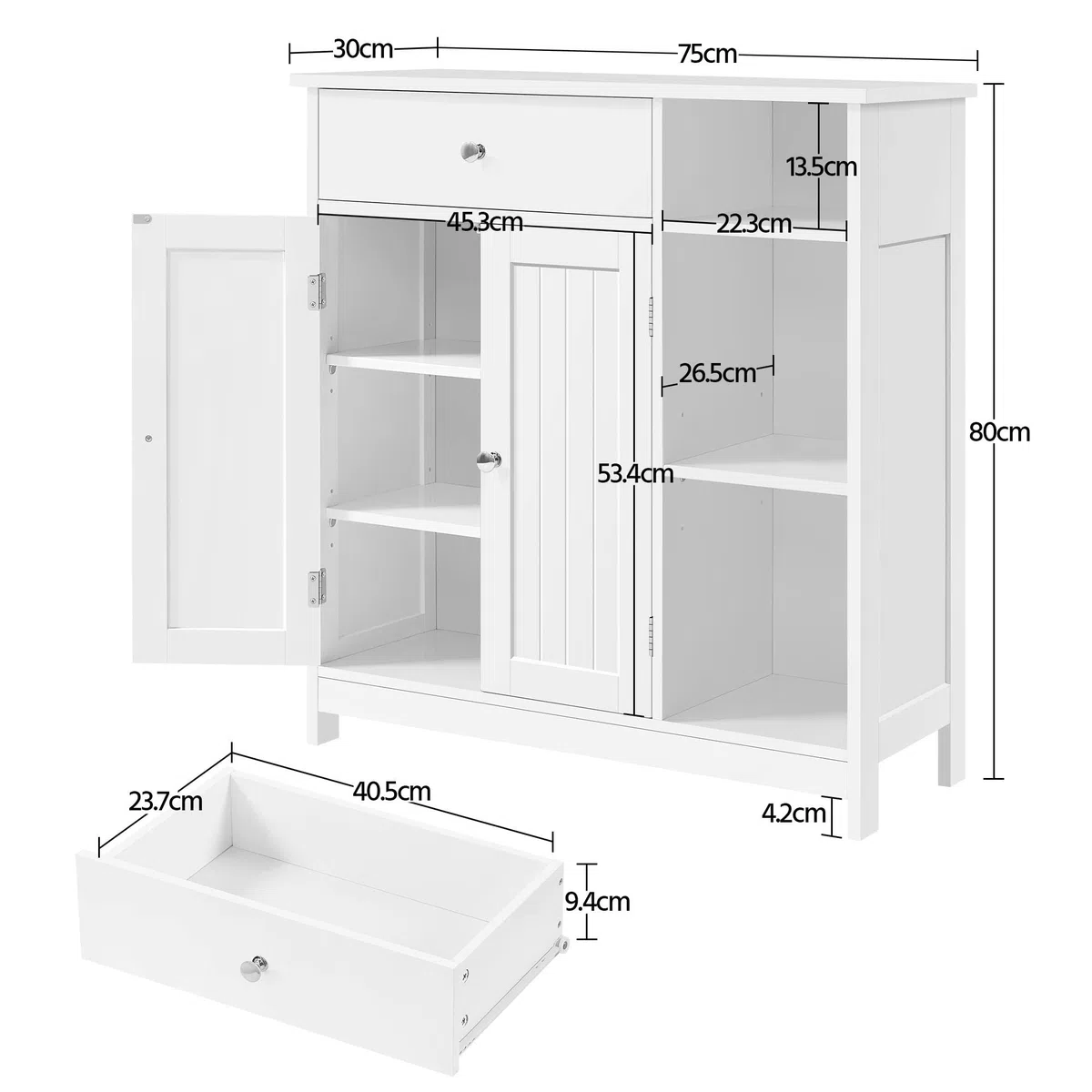 Yaheetech Mobile da Bagno Armadietto Autoportante con Scomparti Mobiletto Multiuso da Terra con Cassetto e Ante 75 x 30 x 80 cm Armadio Salvaspazio con Ripiano Regolabile Moderno Bianco