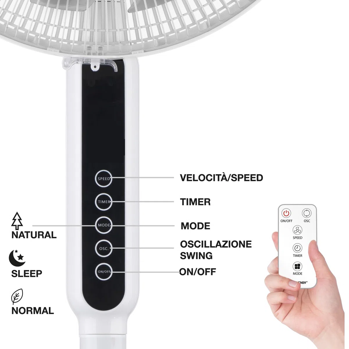 BEPER P206VEN154 Ventilatore a Piantana 13 Pale con Telecomando, 41 cm, 3 Velocità e 3 Modalità, Timer 12h, Oscillante, Altezza Regolabile 70-130 cm, Display Digitale