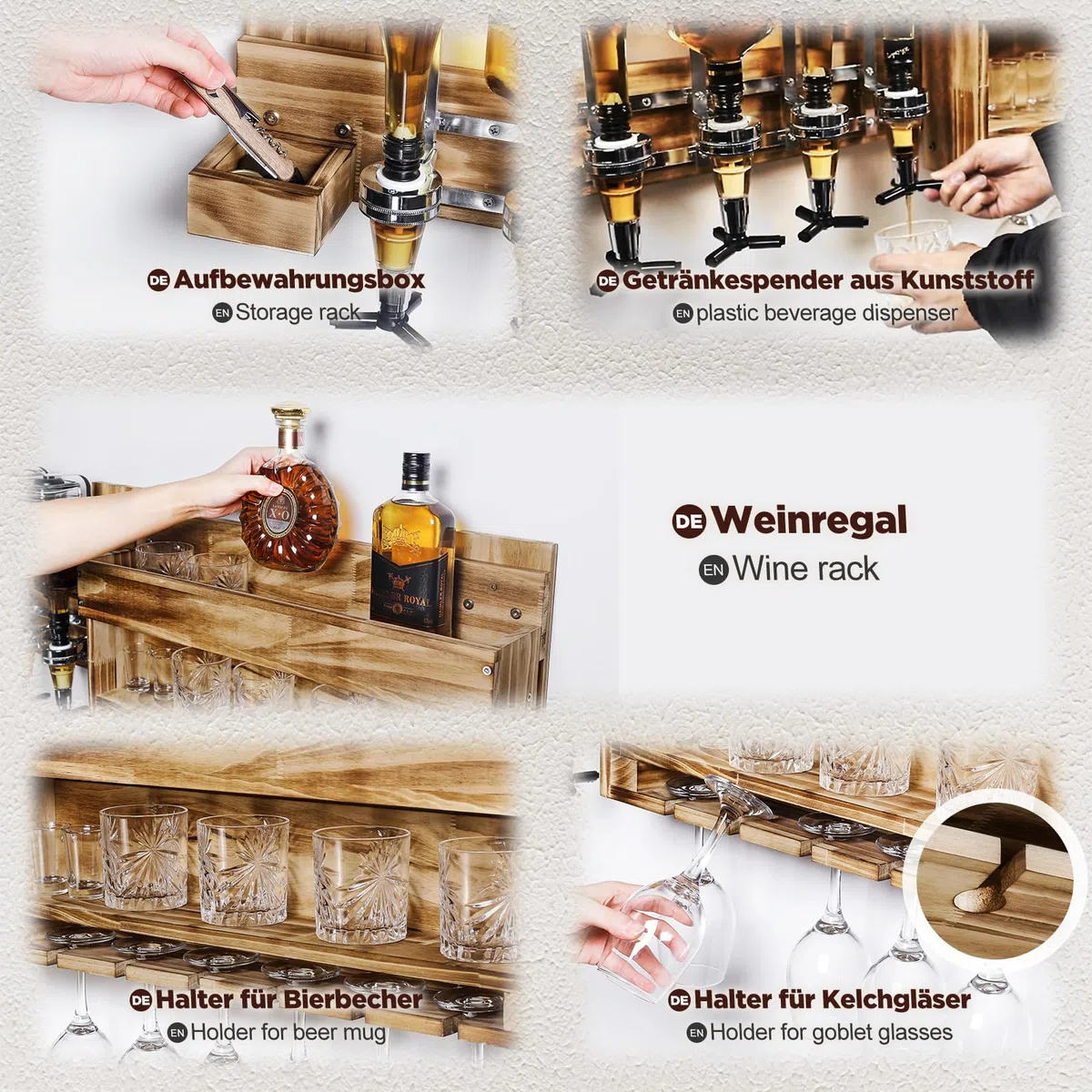 Yorbay Portabottiglie a Parete con 4 Dispenser Bevande, Supporto in Vetro, Porta Bottiglie da Vino, Porta Calice, Scaffale di Esposizione di Stoccaggio del Vino in Legno Rustic