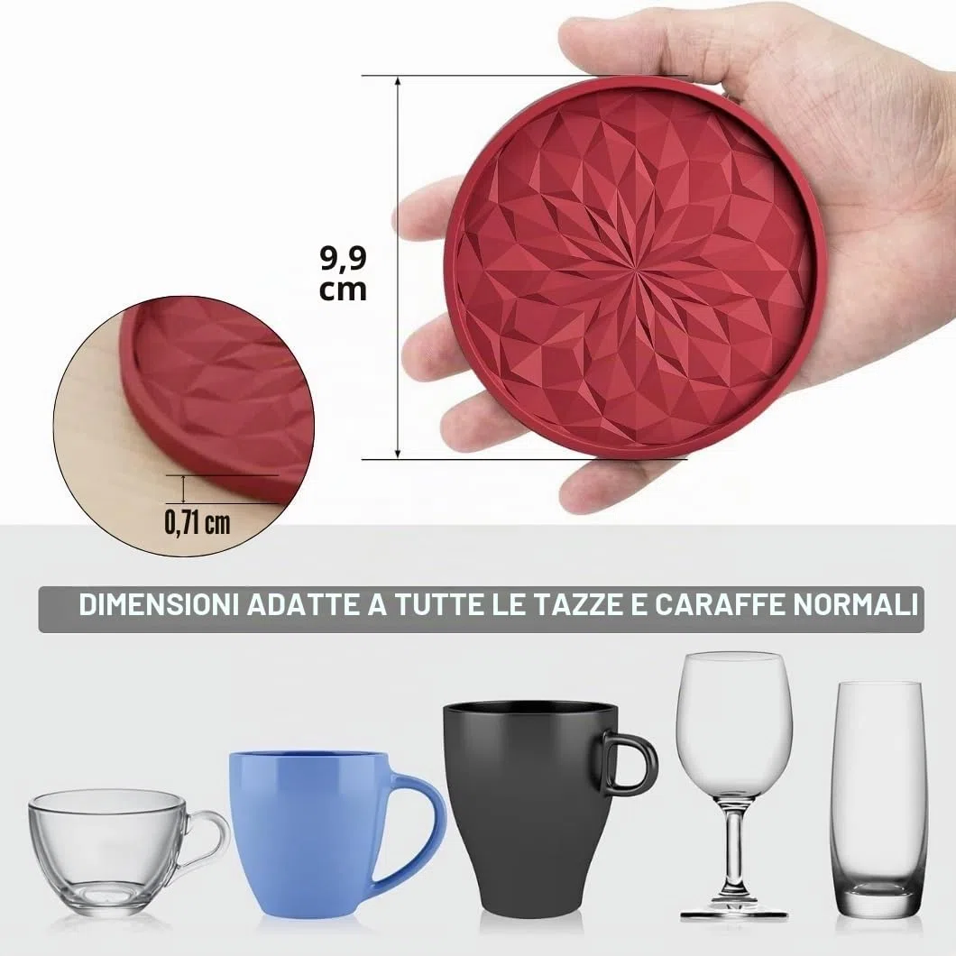 Sottobicchieri in Silicone con Supporto, Set da 6 Pezzi in Rosso, Antiscivolo e Resistenti al Calore, Lavabili in Lavastoviglie – Per Bevande, Caffè, Tazze, Cucina, Bar e Soggiorno, Protezione Tavolo