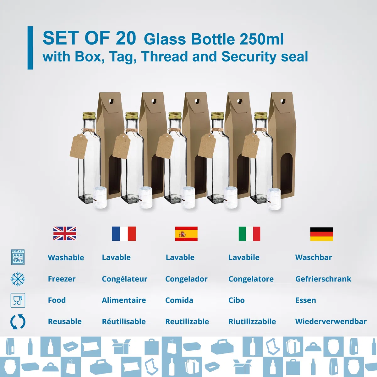 20 bottiglie in vetro da 250 ml con tappo a vite dorato con beccuccio versatore + 20 scatole + 20 sigilli + 20 etichette Kraft + spago | olio d'oliva, aceto, alcol, salse | olio di vetro