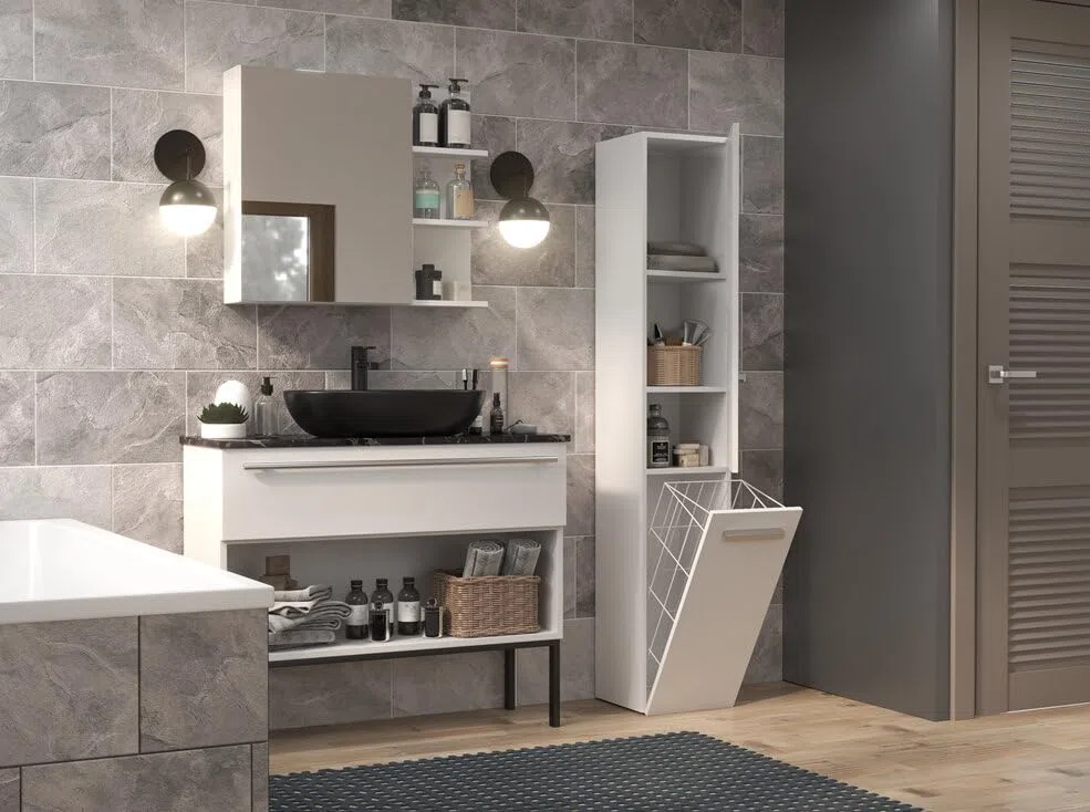 BDW - Armadio da bagno scorrevole - Armadio da bagno alto con cesto portabiancheria 174 x 31 x 30 cm - Lato di apertura della porta selezionabile - Bianco