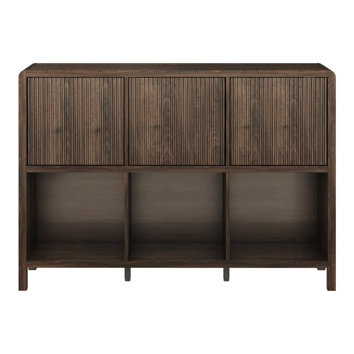 [en.casa] Credenza Bassa Mobile Contenitore con 3 Ante Decorative Push to Open e Scomparti Aperti Sideboard per Soggiorno Corridoio Studio 77x110x30 cm Effetto Noce