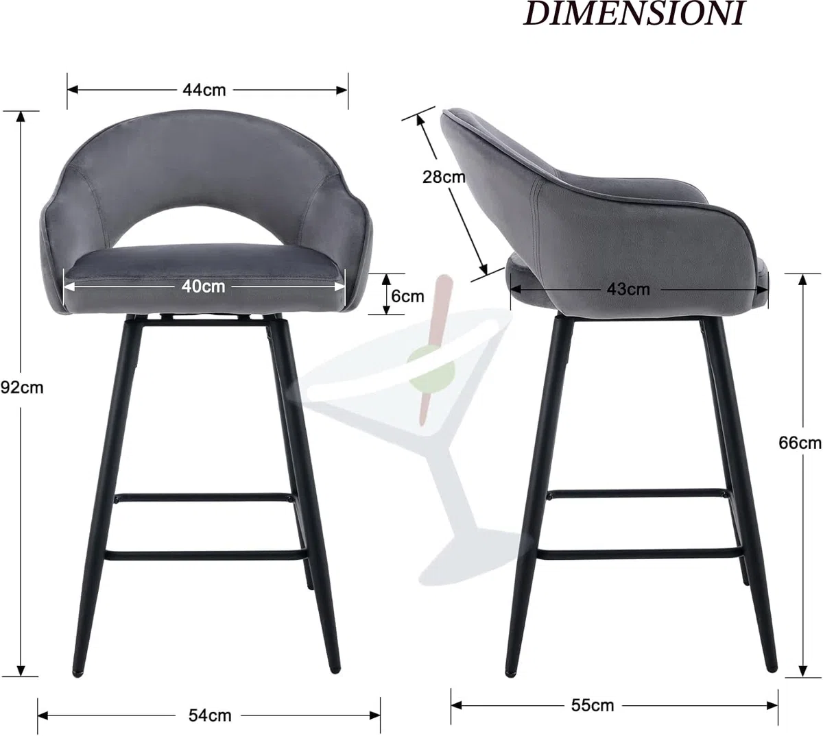 chairus Set di 2 Sgabelli da Bar in Velluto Sgabelli Cucina Sgabelli Alti Sgabello Girevole con Gambe in Metallo per Bancone/Cucina, Grigio
