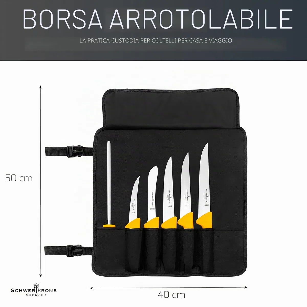 Schwertkrone Borsa per Set Coltelli da Macellaio - 6 Fessure, Organizzazione Perfetta, Tessuto Robusto - Porta Cotelli Rotolo - Nero