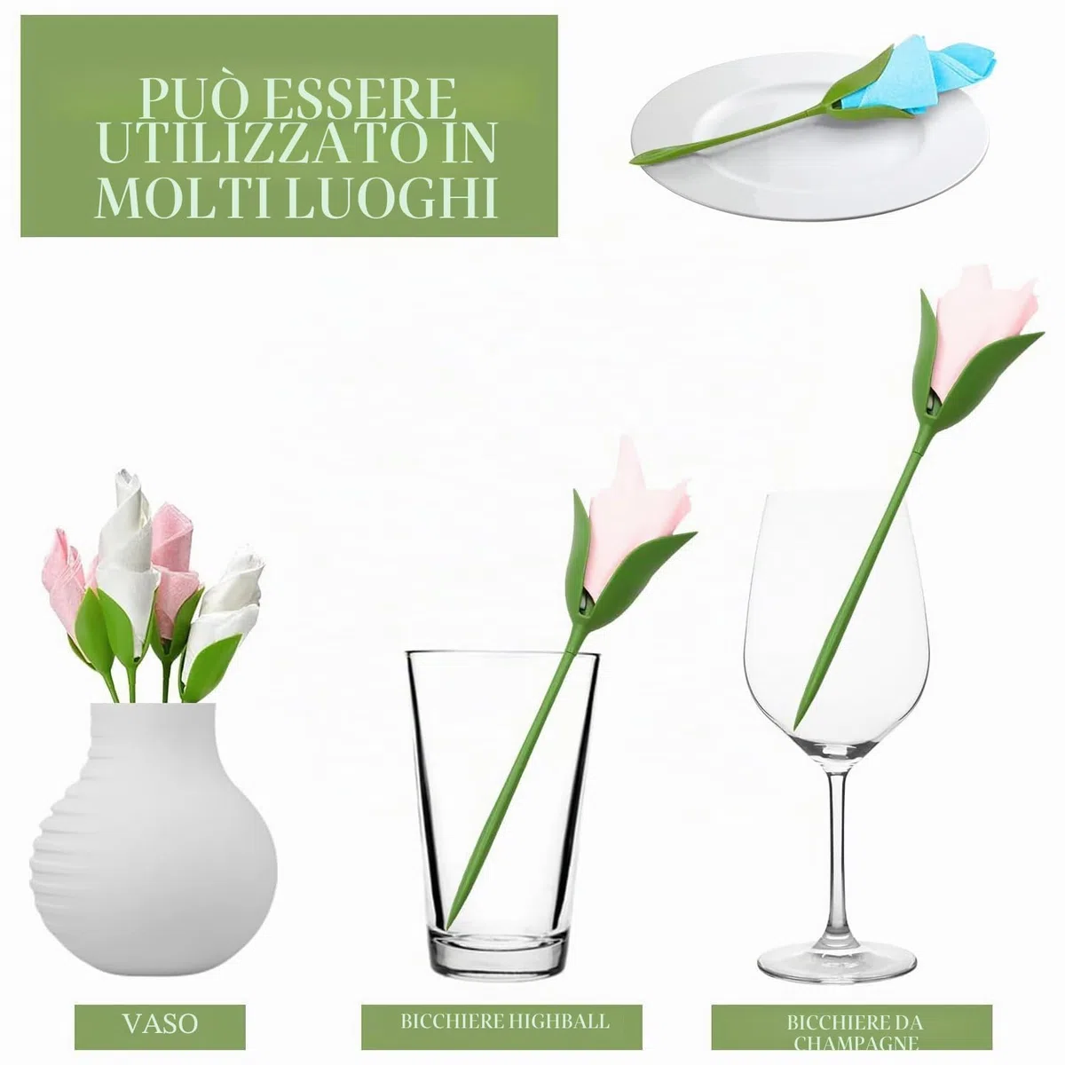 12 confezioni di portatovaglioli Bloom, anelli per tovaglioli verdi, porta tovaglioli a gambo di fiore intrecciato, set di 12 per la decorazione e gli allestimenti della tavola da cucina e di casa