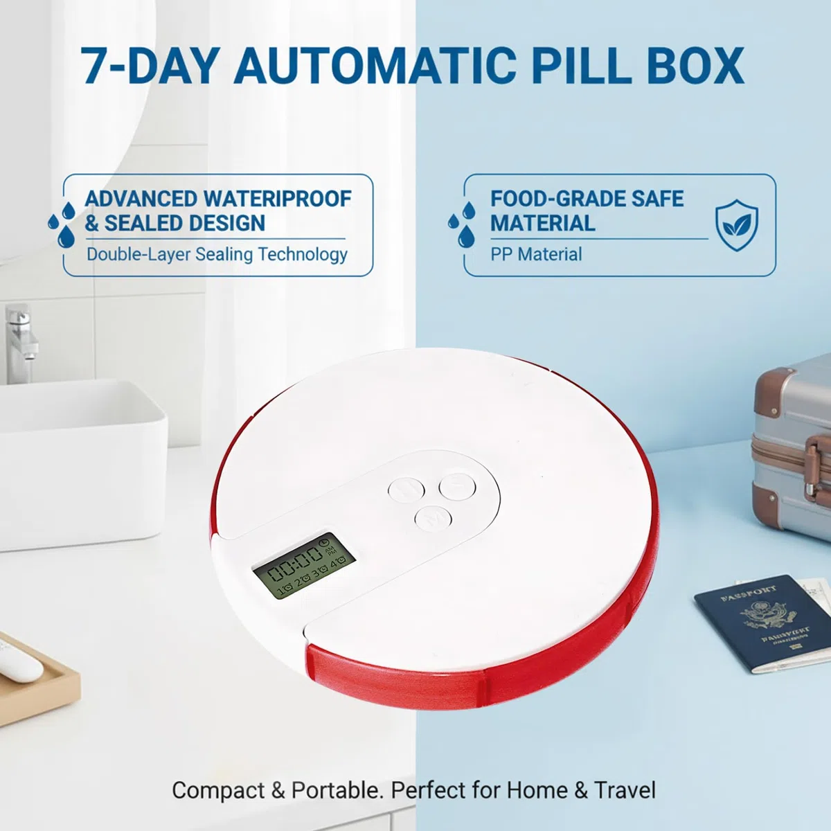 Dispenser automatico di pillole per 7 giorni con allarme – Scatola portatile per medicinali da viaggio con ampio display digitale per farmaci vitaminici, rosso