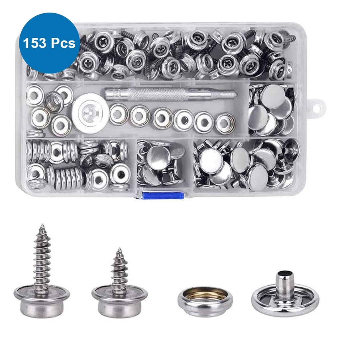 MMOBIEL Kit Bottoni a Pressione da 153 Pezzi Dispositivi di Chiusura a Pressione con Vite per Forti Sollecitazioni Marina 3/8 Pollice, 5/8 Incavo Compreso Strumento per Bottoni