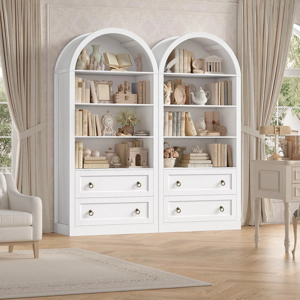 FirFurd 177 cm Libreria Verticale, Libreria ad Arco a 2 Cassetti, Vetrina Espositiva con 4 Scomparti Aperti, Scaffale ad Arco, per Soggiorno, Studio, Ufficio, Cucina, 79,5x36x177 cm (Bianco)