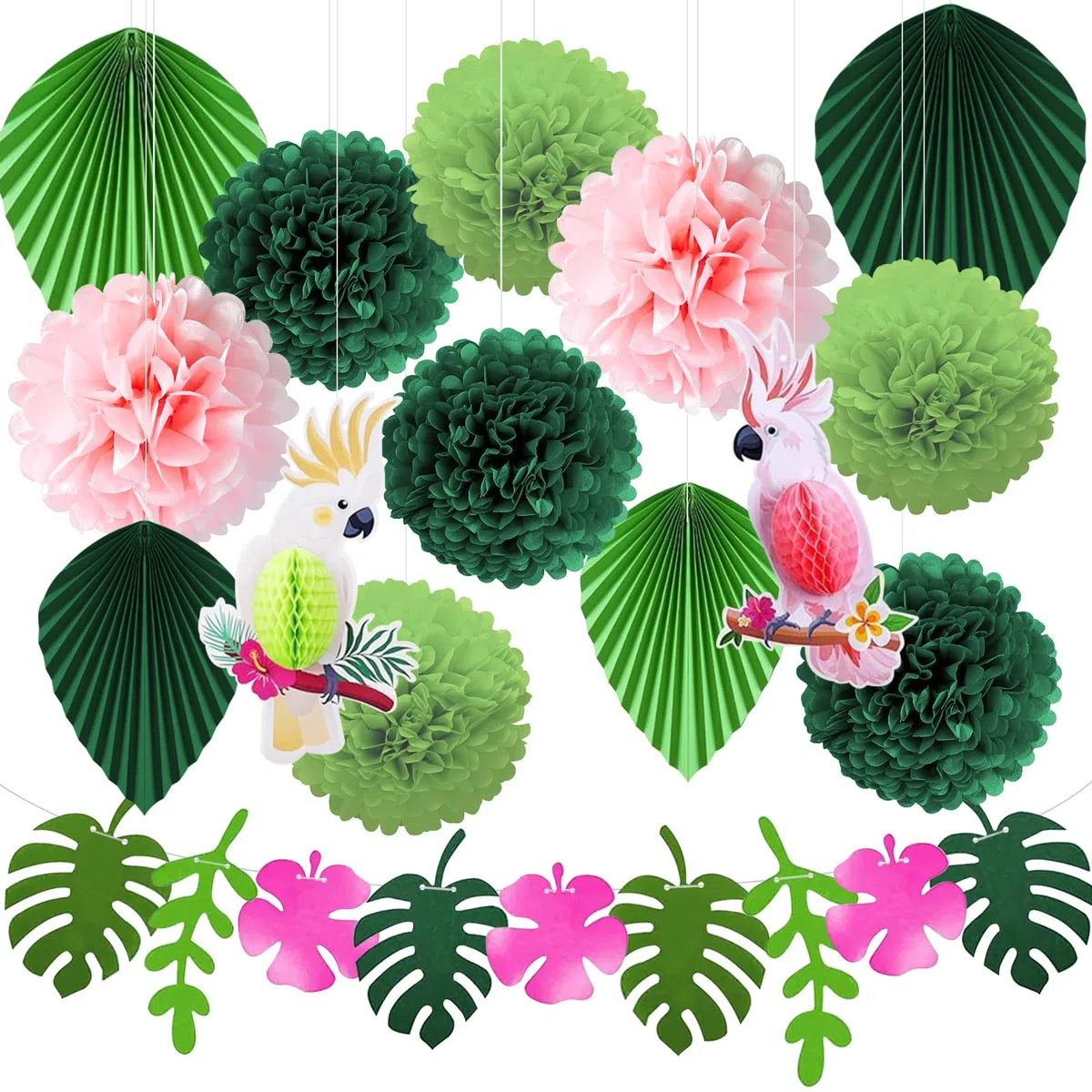 Set Decorazioni Feste Tema Hawaii, 15Pcs Decora Feste Estive Giardino, Decorazioni Pompon, Foglie Forma Ventaglio, Palline Nido Ape Pappagallo, Striscione Foglie, per Decora Compleanno Estivo Giungla