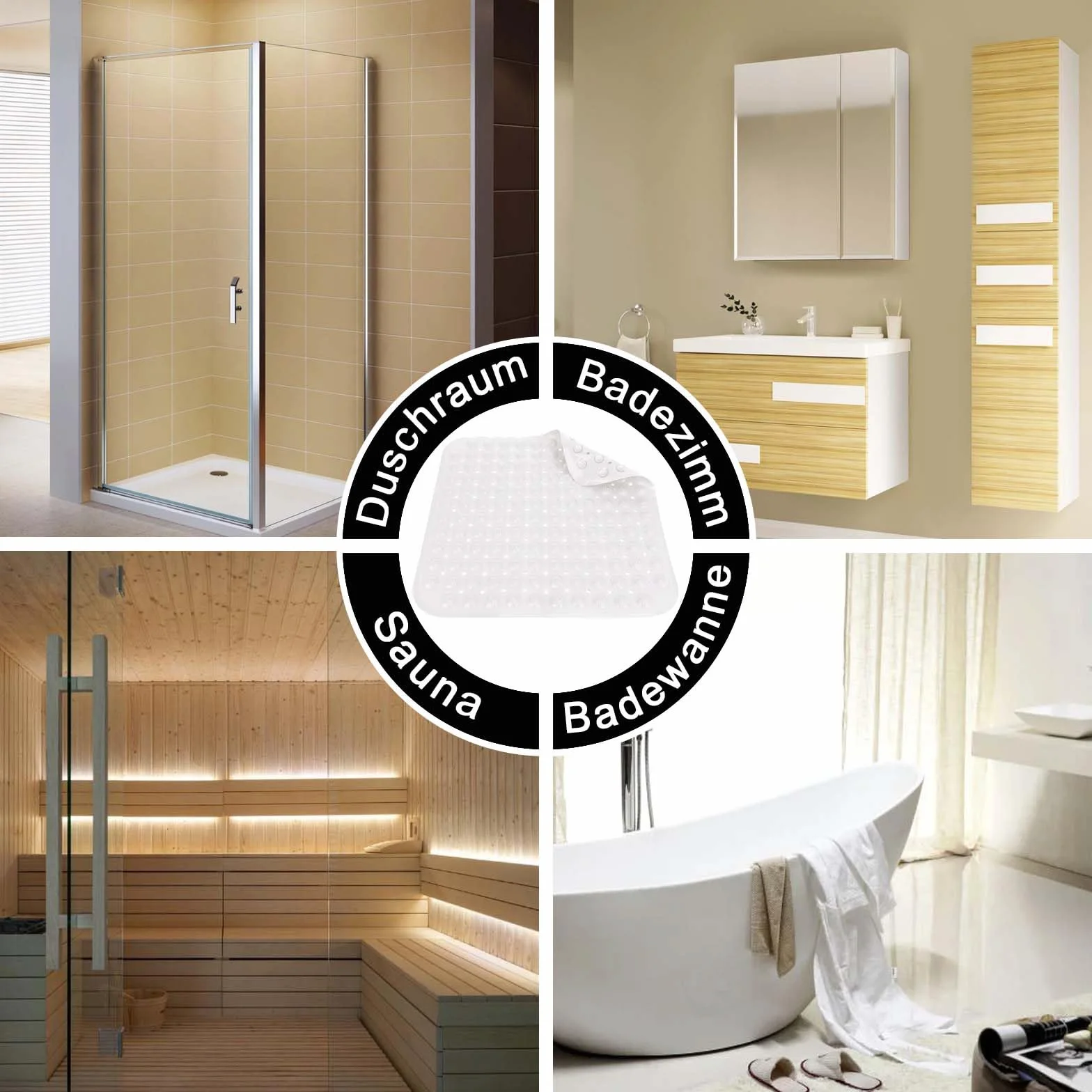 Tappetino da doccia antiscivolo, 60 x 90 cm, con ventosa, tappetino da doccia lavabile in lavatrice, tappetino antiscivolo in PVC, tappetino antiscivolo per sauna, con 2 ganci, bianco