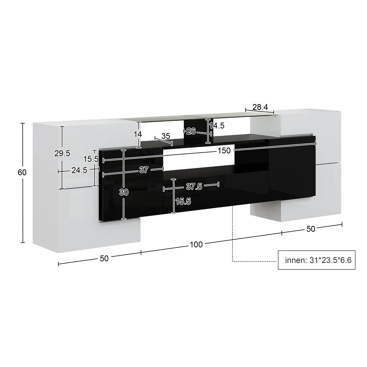 Lowboard per TV moderna, larghezza 200 cm, bianco lucido e grigio, con illuminazione LED RGB, 6 ante e 2 cassetti, armadietto multimediale (bianco+nero + MDF)