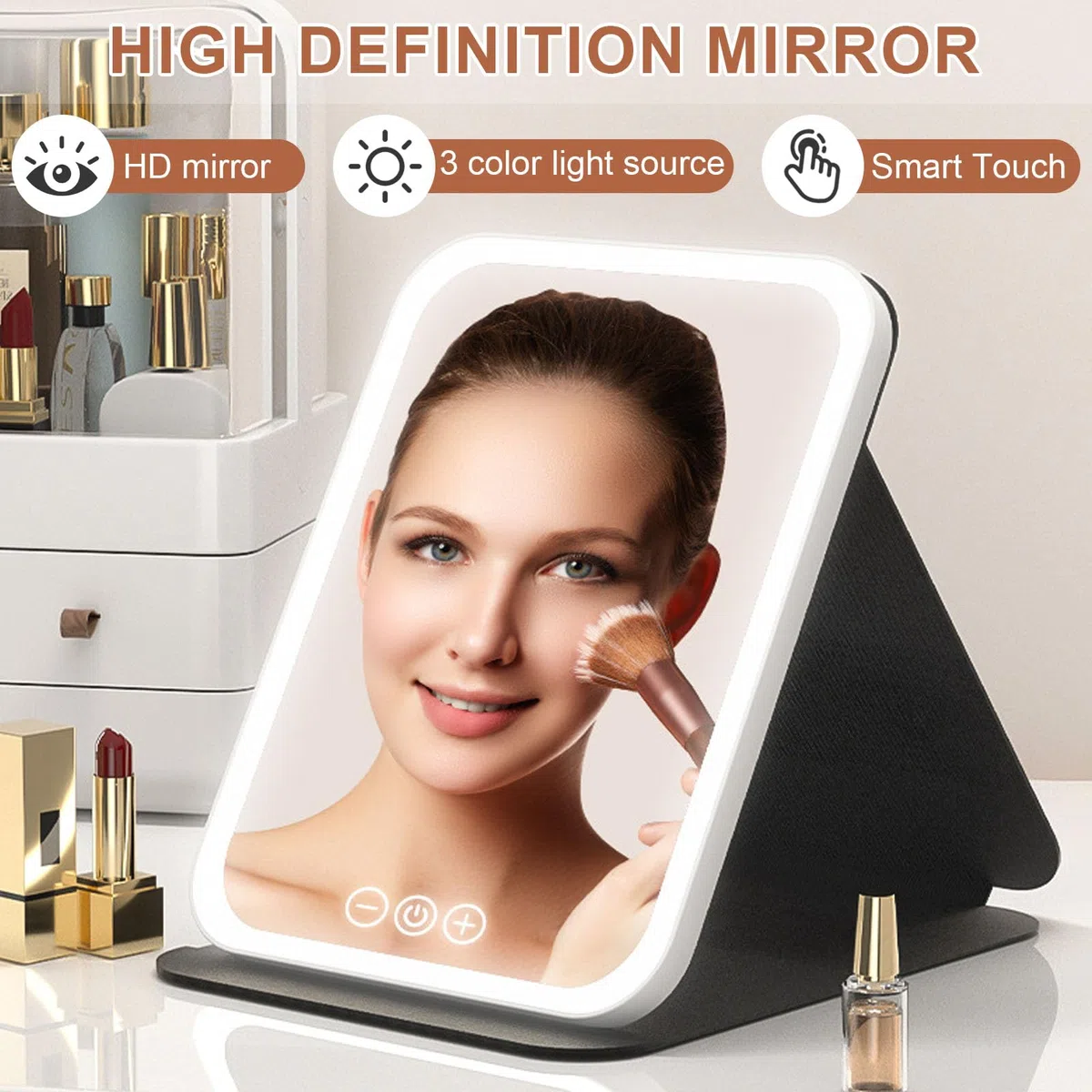 Specchio Trucco con Luci LED, Grande Specchio da Viaggio Pieghevole,Specchio Cosmetico Pelle PU,LED Specchio da Tavolo,Specchio da Scrivania Touch Make Up,3 Temperature di Colore (Square Bianco)