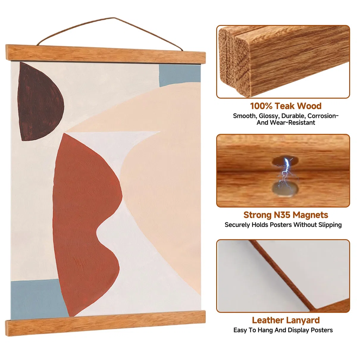 Supporti Magnetici per Poster A3 31 cm, 3 Set (12 Barre), Cornici in Legno di Teak, Porta Poster, Foto, Stampe e Opere d’Arte, Facili da Appendere, Ideali per Soggiorno, Camera, Ufficio (3 set - 31cm)